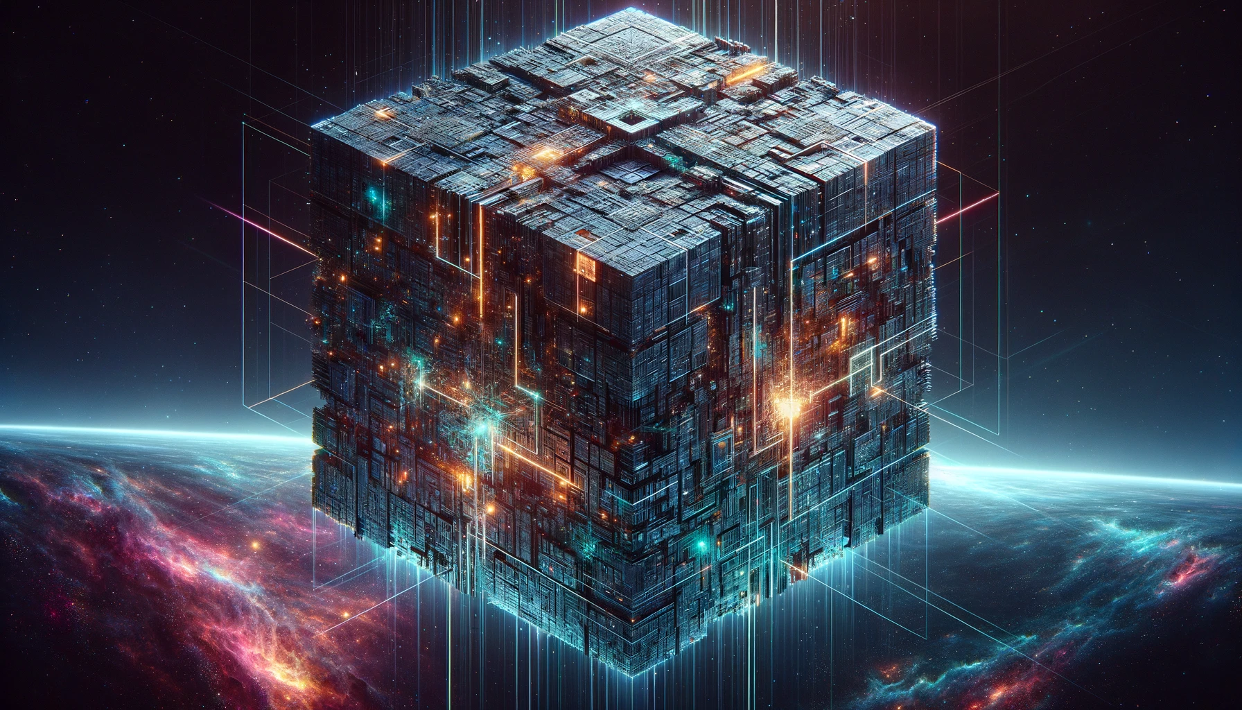 DALLΒ·E 2024-05-14 07.49.07 β An artistic interpretation of a Borg cube, vast and detailed, set against the stark backdrop of deep space with neon enhancements. Neon accents illumi